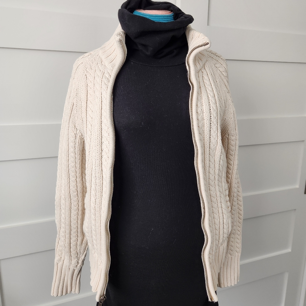 GAP Women's Cream Cable Knit Zippered Sweater Small Coastal Fisherman Preppy